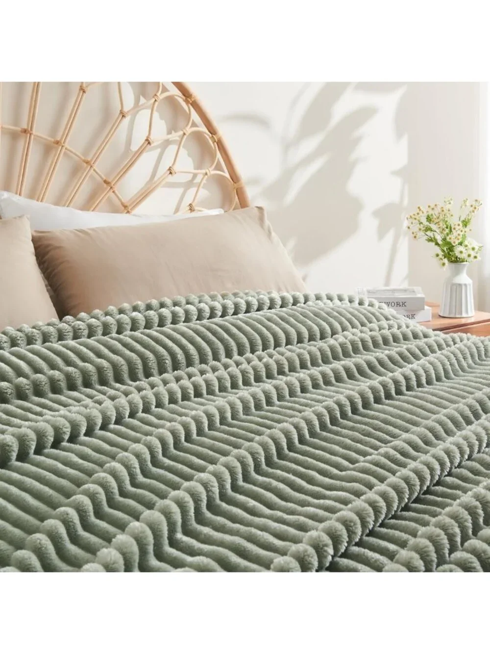Cozy Sage Green Ribbed Throw Blanket | Soft Silky Flannel Fleece | All Season